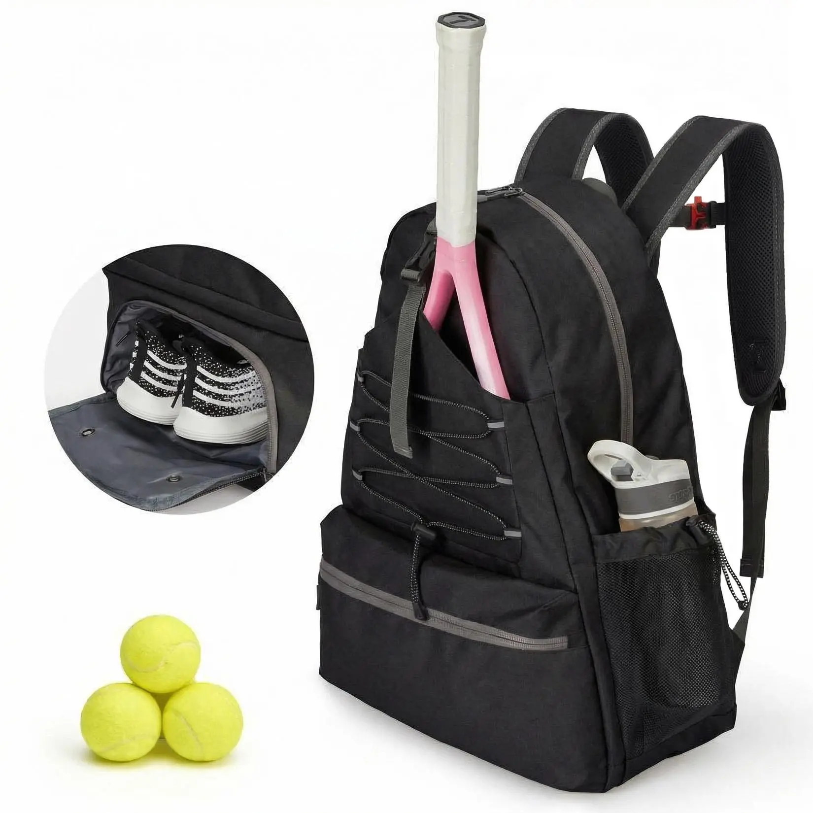 Professional Tennis Backpack with Shoe Compartment, Padded Racket Bag for 2 Racquets, Pickleball & Badminton Bag with Fence Hook, Water-Resistant Sports Backpack for Men & Women, Fits Size 13 Shoes, Reflective Strip for Safety, 20L