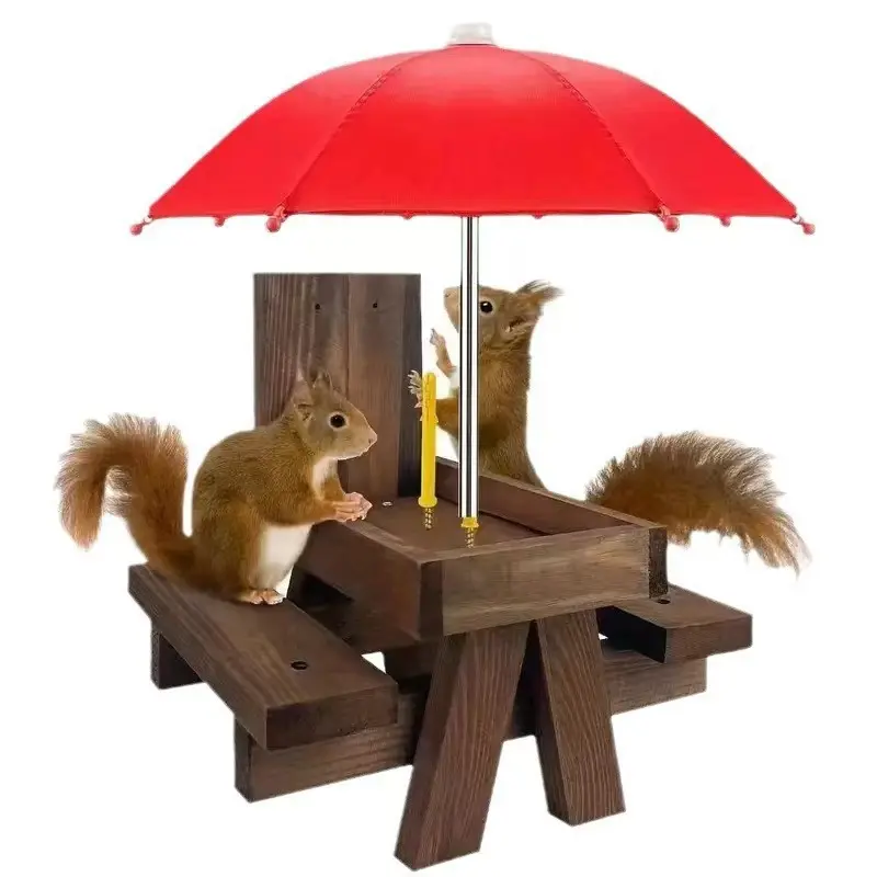 Wooden Squirrel Picnic Table Feeder, Outdoor Backyard Camp Kitchen Snack Station for Squirrels