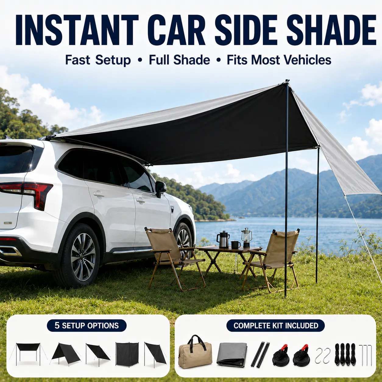 Portable Car Side Sunshade Awning with Suction Cup Mount, Foldable Basic Outdoor Shelter for SUV Camping, Backyard, Beach - 2 Versions, Black Coated Option, Varied Coverage Levels, Sohochic Light Shelter