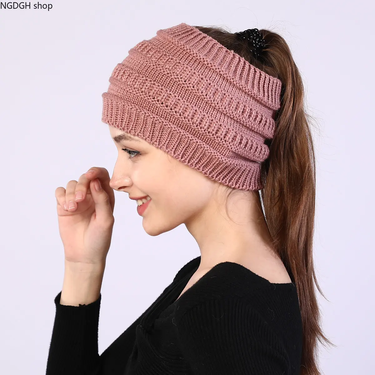 Messy Bun Open Top Knit Hat, Stretchy Cable Knit Ponytail Beanie for Ladies, Warm Lightweight Winter Headwear, Multiple Solid Color Casual Skull Cap, Ideal Accessory for Running, Shopping, Travel and Daily Cold Season Wear