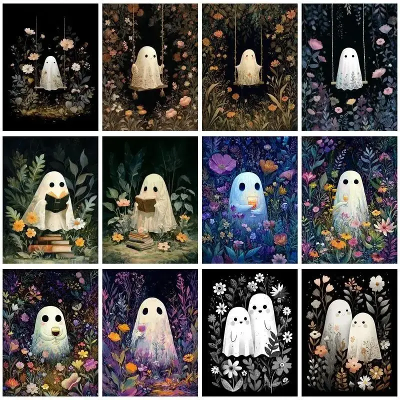 Halloween Water-Based Easy-to-Use Paint by Numbers Kit, 16x20in(40x50cm) Set, Cute Ghost Spooky Art DIY Canvas, Swing Book-Wine-Floral-Forest Designs, Gothic Bedroom Wall Decor Gift for Beginners