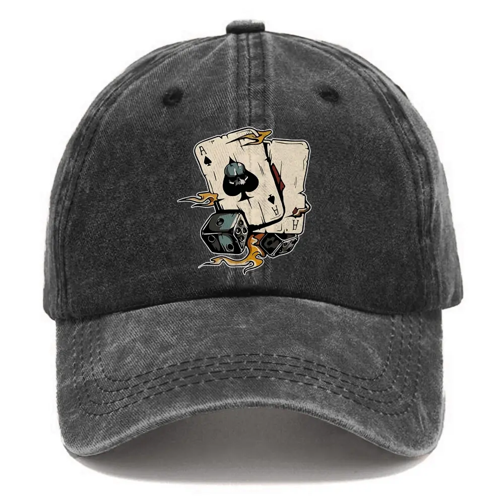 Gothic Skull Ace Poker Dice Washed Dad Hat Vintage Distressed Gambler Casino Unisex Casual Baseball Cap