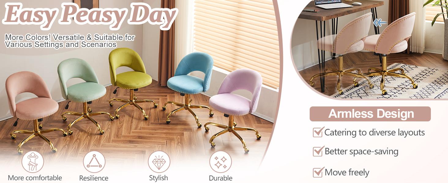 VINGLI Modern Velvet Small Office Chair,Cute Desk Chair with Wheels,Gold Base/Studs, Comfy Armless Swivel Vanity Task Chair for Women/Girl/Kids, Nail Tech Chair for Bedroom,Small Space,Pink