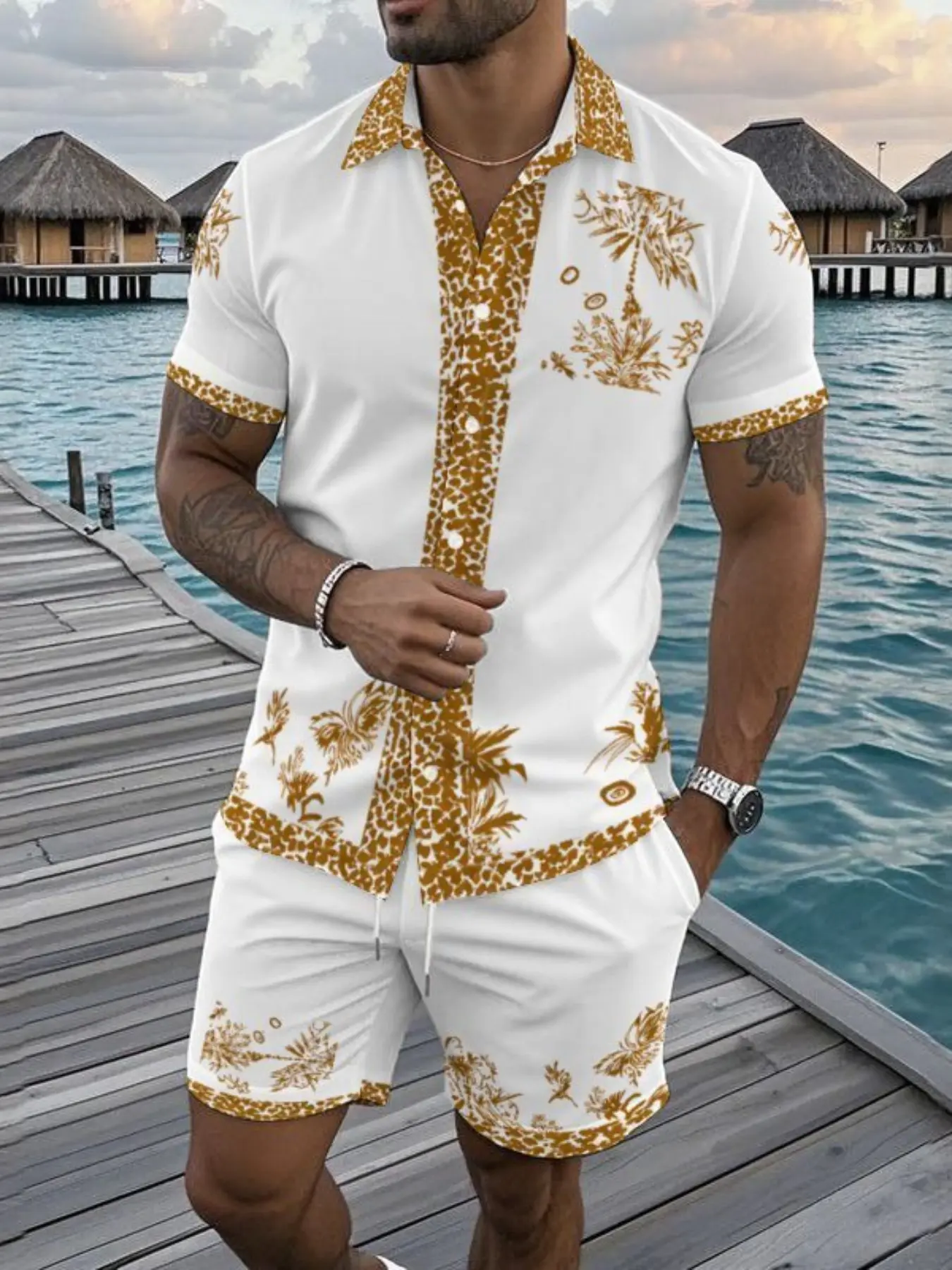 Manfinity RSRT Men's Vacation Palm Tree Digital Print Shirt And Shorts Casual Suit, Cozy Outfits