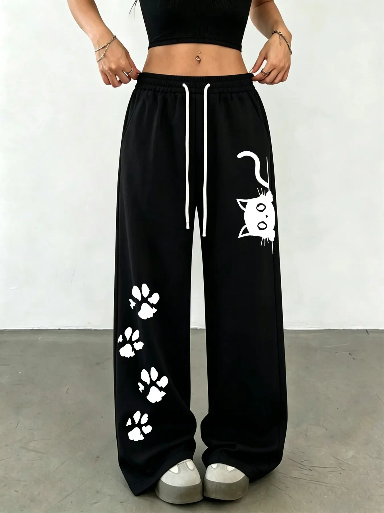 Pantalones De Dama Mujer Wide Leg Sweatpants Cartoon Cat Paw Print Elastic Drawstring High Waist Loose Casual Streetwear Soft Knit Trousers For Daily Jogging Shopping Street Hangout Home Relaxed Wear For Women
