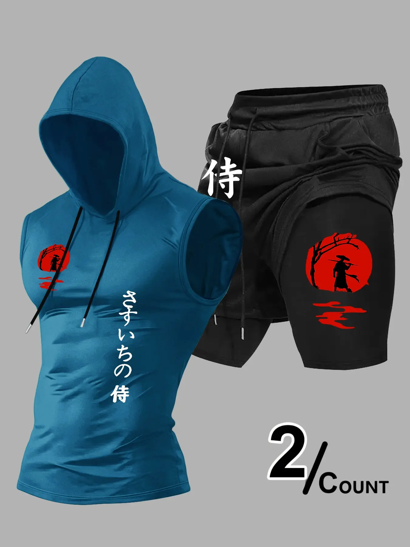 Men's 2-Piece Gym Outfit Athletic Workout Set Sleeveless Hoodie & Double-Layer Shorts Samurai Kanji Print for Training Running & Streetwear Gym Sets