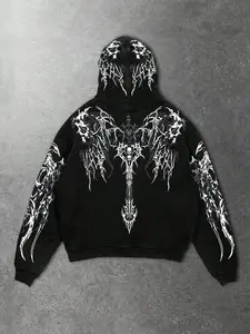 Men's Gothic Spring Casual Print Halloween Dark Metallic Punk Street Loose Skull Cross Print Hooded Sweatshirt, Y2K
