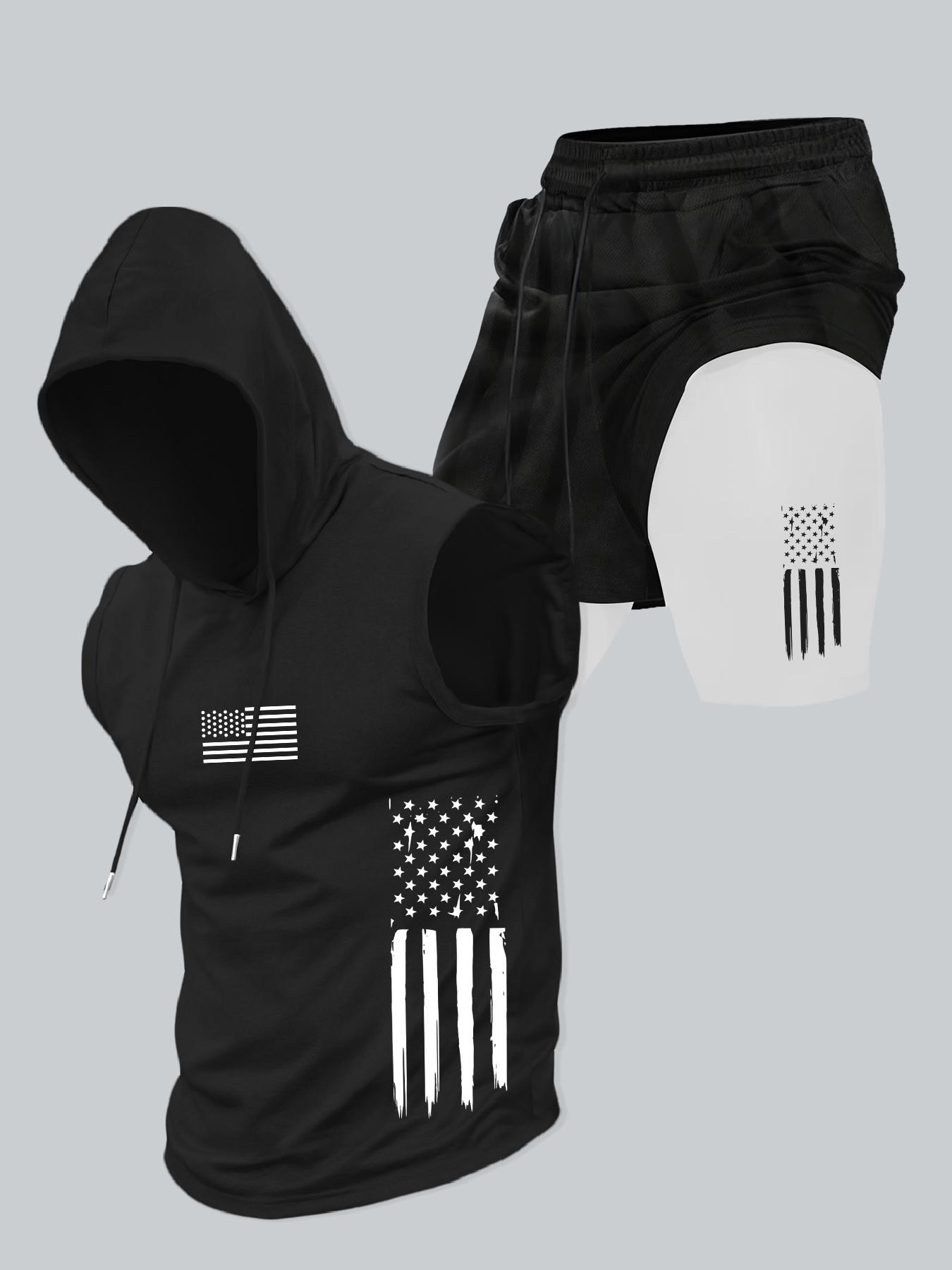 Two-Piece Set Men's American Flag Print Hooded Tank Top & Shorts Set, Regular Fit Casual Sleeveless Top & Shorts, Men's Summer Activewear Sportswear Set Menswear Athletic Clothes