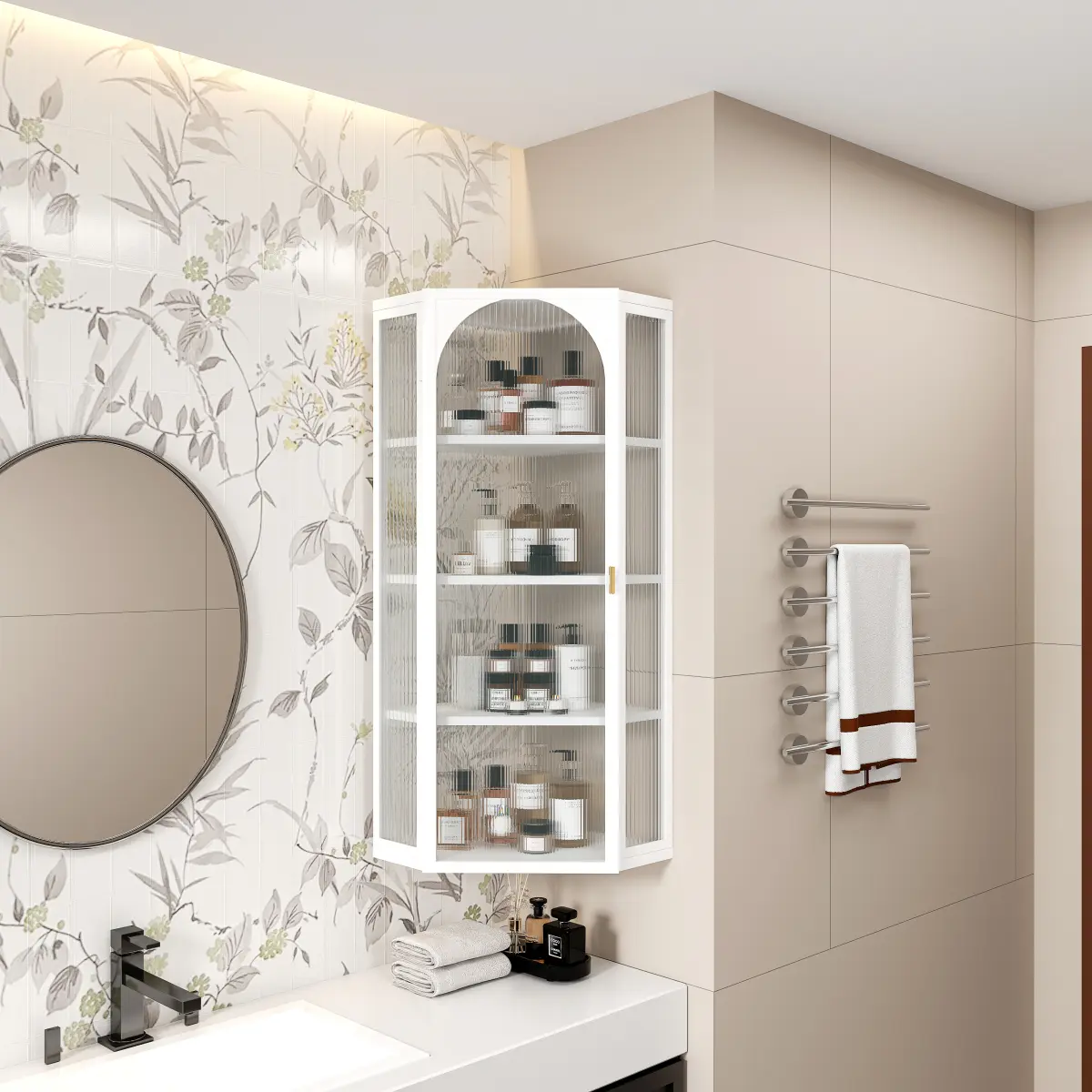 Fahuac Wall Mounted Corner Cabinet, White 4 Tier Floating Storage Cabinet with Ribbed Glass Door, Space Saving Bathroom Cabinet for Bedroom, Living Room and Kitchen