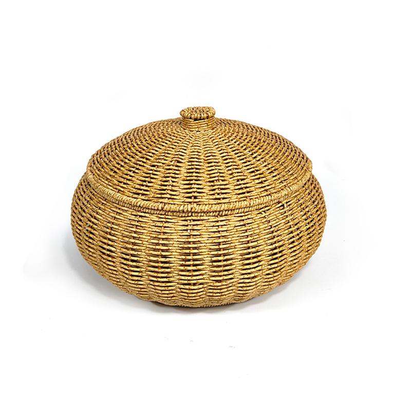 A Retro-Style Pumpkin Basket with a Lid, Designed to Resemble Rattan, Perfect for Holding Fruits, Snacks, Or Bread, And Crafted from Woven Plastic, Shelf Baskets