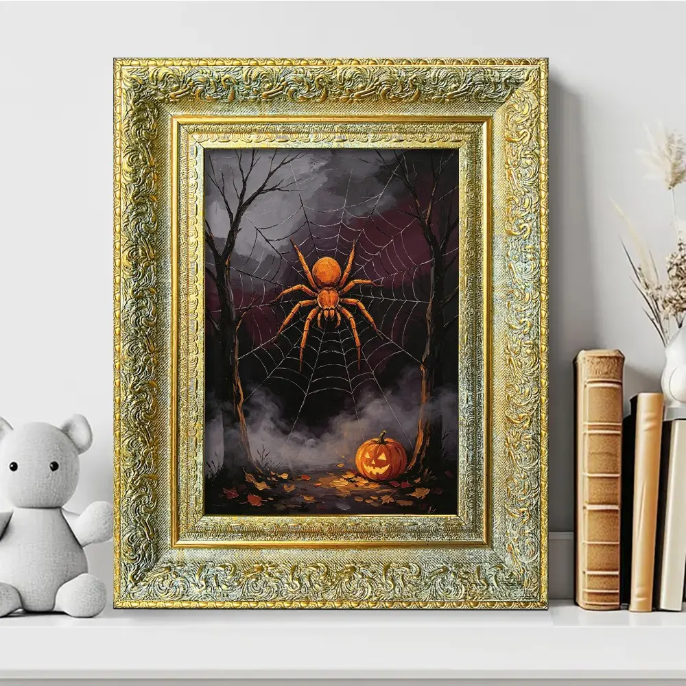 European Vintage Style Frame Decoration, Spider and Pumpkin Lantern Design, Perfect for Halloween, Artistic Display Frame
