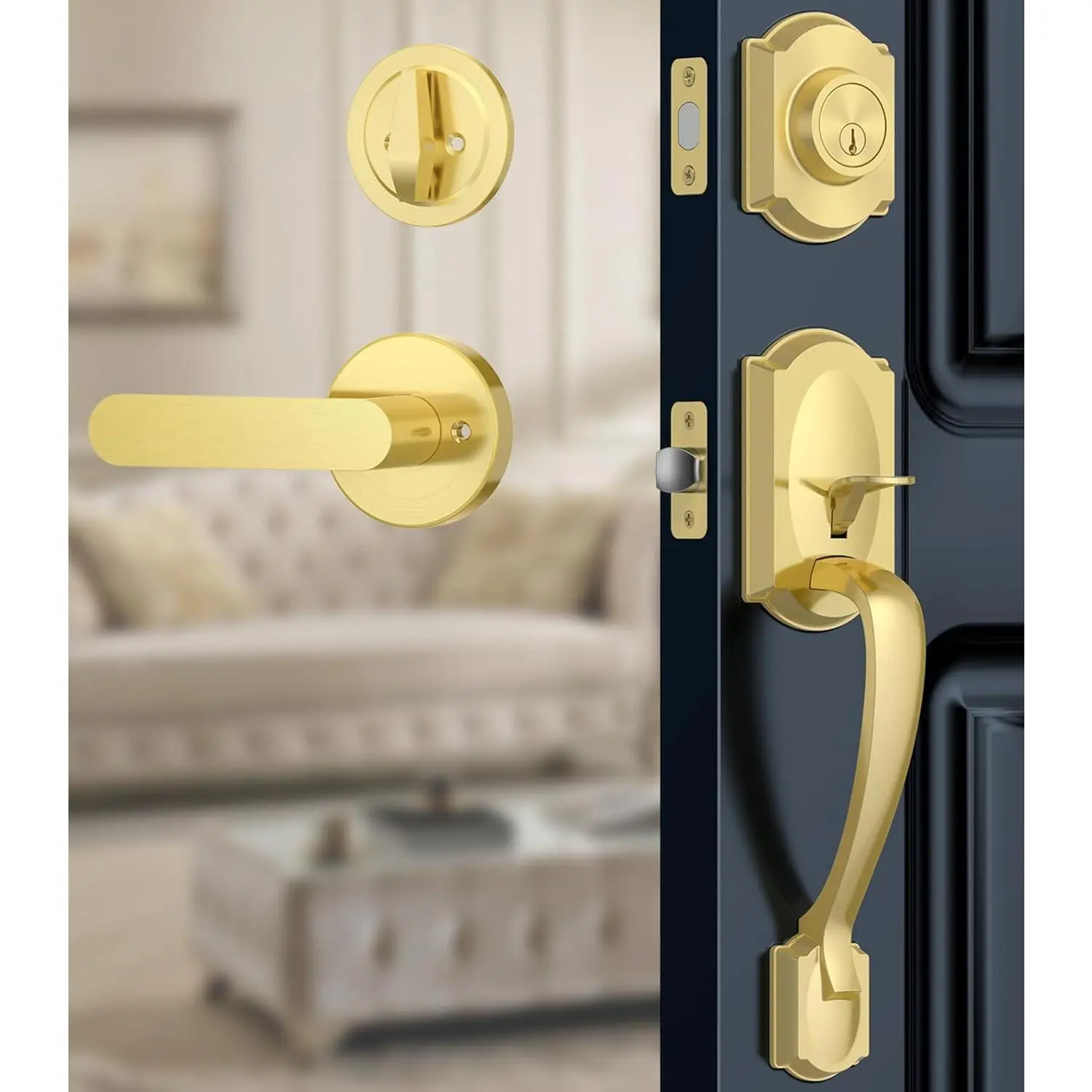 Front door lock set, front door handle and lock cylinder set, vintage-style exterior door lock set, single lock cylinder front door handle, reversible for left or right, satin brass