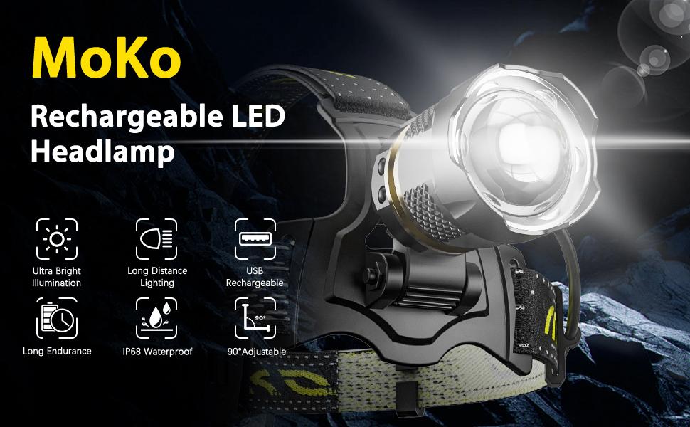 MoKo Rechargeable Headlamp 90000LM, 40H Long Lasting Battery Powered, 7 Modes Headlight with Motion Sensor, IP68 Waterproof 90° Adjustable Head Lamp, Zoomable Led Headlamp for Running Camping Fishing super Bright