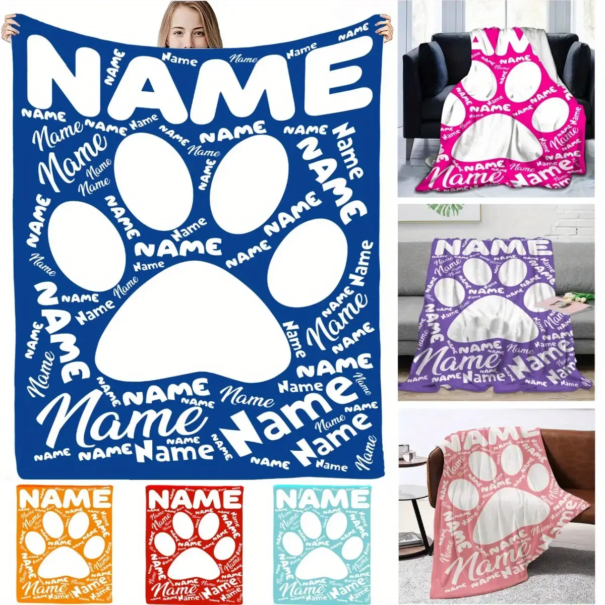 Personalized Dog Paw Print Flannel Blanket - Custom Name, Perfect for Sofa, Bed, Office - A Warm and Cozy Gift for Pet Owners, Family, and Friends,Christmas,Photo,,Oogie,digital
