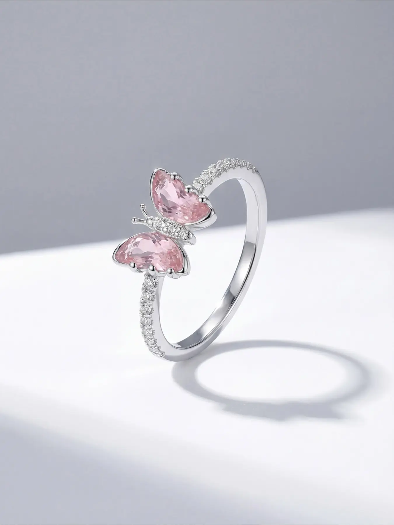 Women's Delicate Pink Butterfly Zircon Ring, Silver Plated, Pave Accent Everyday Band, Fashion Rings