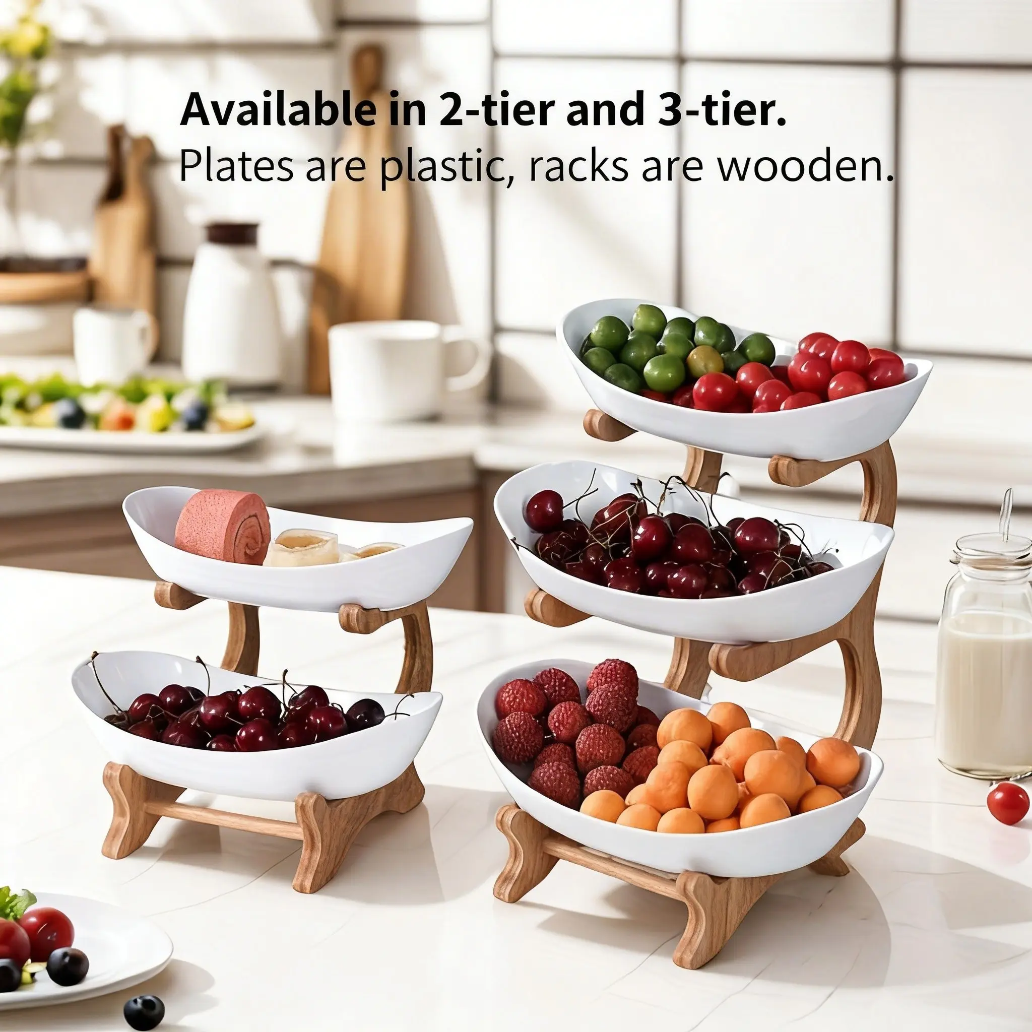 Colorful Fruit Basket Set with Wooden Stand, Plastic Bowls, Cake Stands, Biscuit Plates, Candy Buffet, Dessert Table Display, Perfect for Weddings & Parties