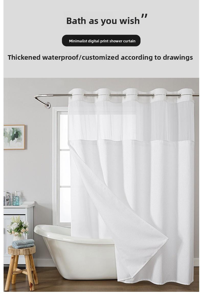 Waffle No Hook Double Layer Solid Color Shower Curtain with Sheer Waterproof Polyester Bath Curtain Detachable Suitable for Hotel Bathroom Partition