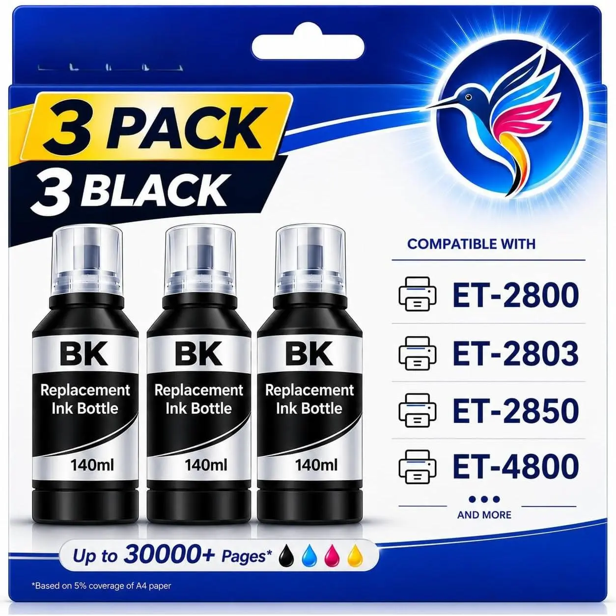 Compatible Ink Refill Bottles  for Epson 502 Black Ink Refill Bottles Work for Ecotank ET-3850 ET-2850 ET-4850 ET-2760 ET-3760 ET-4760 ET-2750 ET-3750 ET-4750 Priner (3 Black)