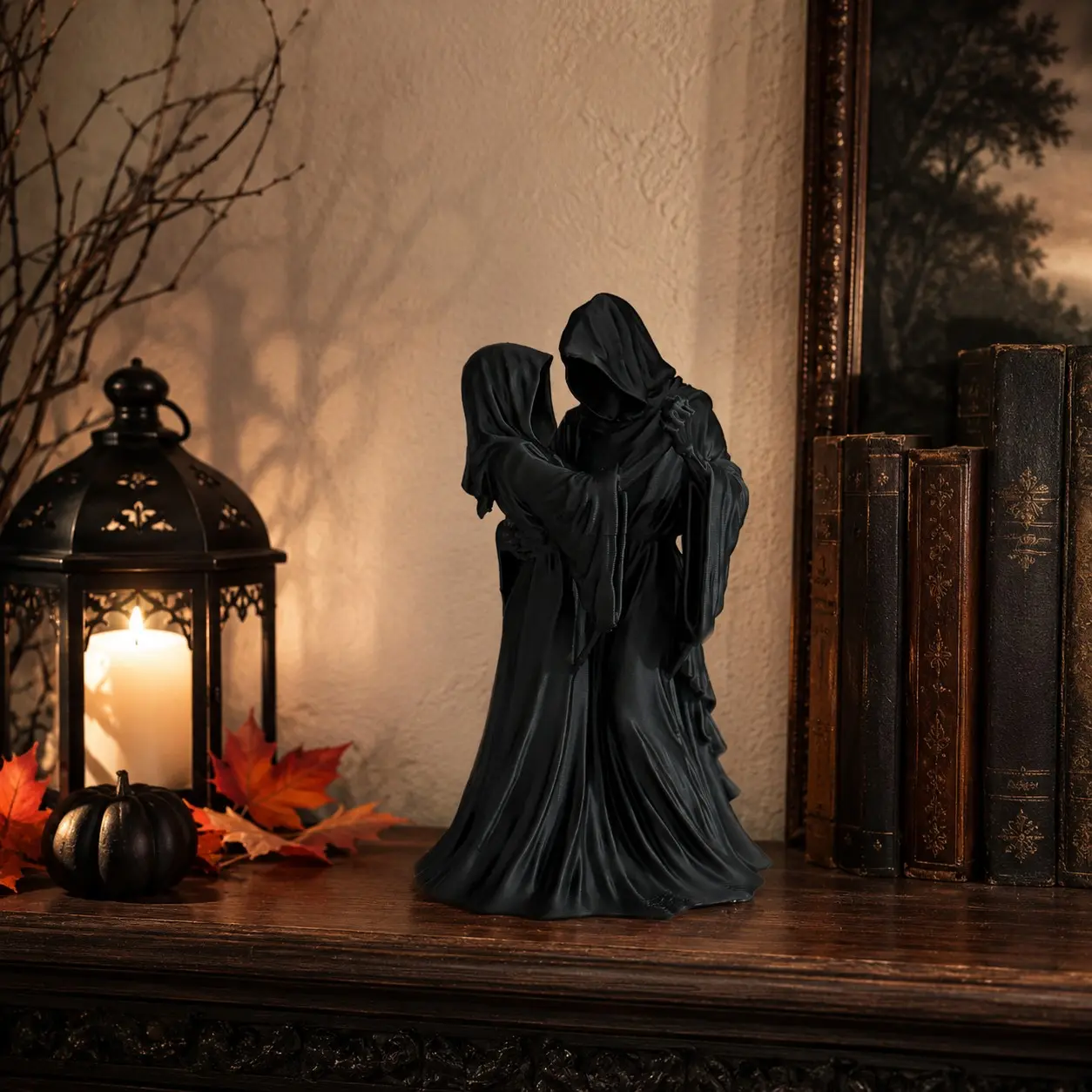 Grim Reaper Couple Statue – Eternal Love Skeleton Lovers Embrace Figurine, Till Death Do Us Part Gothic Romance Sculpture, Dark Fantasy Resin Collectible, Halloween Spooky Home Decor, Decorative Home Ornament, Bookshelf Display Gift
