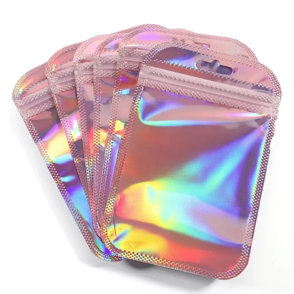 50-Pack Laser Rainbow Powder Self-Seal Bags, Reusable Sealed Plastic Packaging, Jewelry Display, Retail, DIY Gift Wrapping Supplies, Dust-Proof