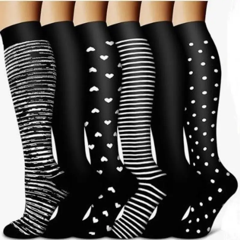 6 Pairs Classic Black Mixed Print Compression Socks, Secure Comfortable Fit to Support All-Day Standing and Post-Workout Muscle Recovery