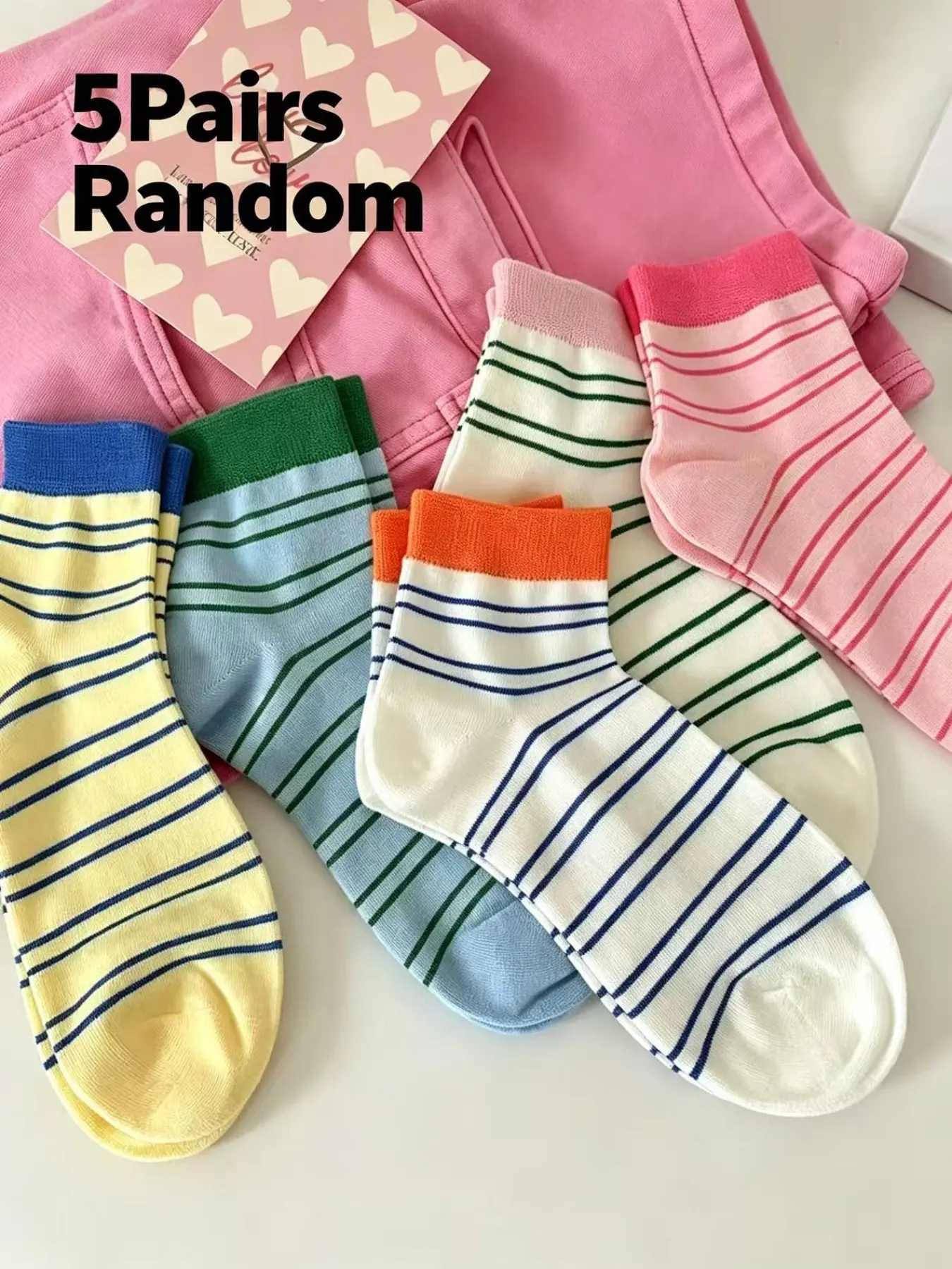 5 Pairs Random Color Block Striped Ribbed Crew Socks, Fresh Macaron Horizontal Stripe Stackable Mid Calf Socks, Stretch Breathable Sweet Casual Socks for Teen Girls Women Campus Daily Street Outfits