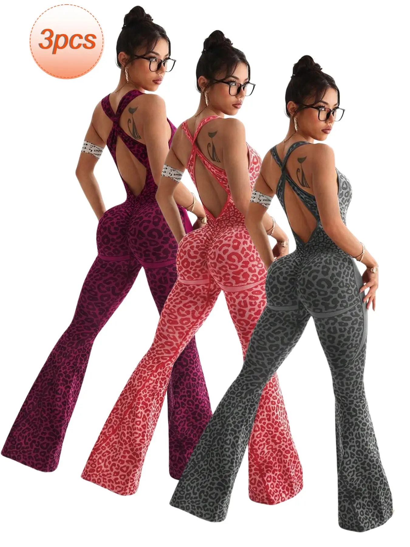 3-Pack Seamless Leopard Sports Jumpsuit, High Waist Yoga Pants, Detachable Pads, Cross Back Design, Athletic & Casual Wear for Women, Padded Workout Jumpsuit, Athletic Jumpsuits, Sporty Yoga Jumpsuit, Sleeveless Sports Jumpsuit