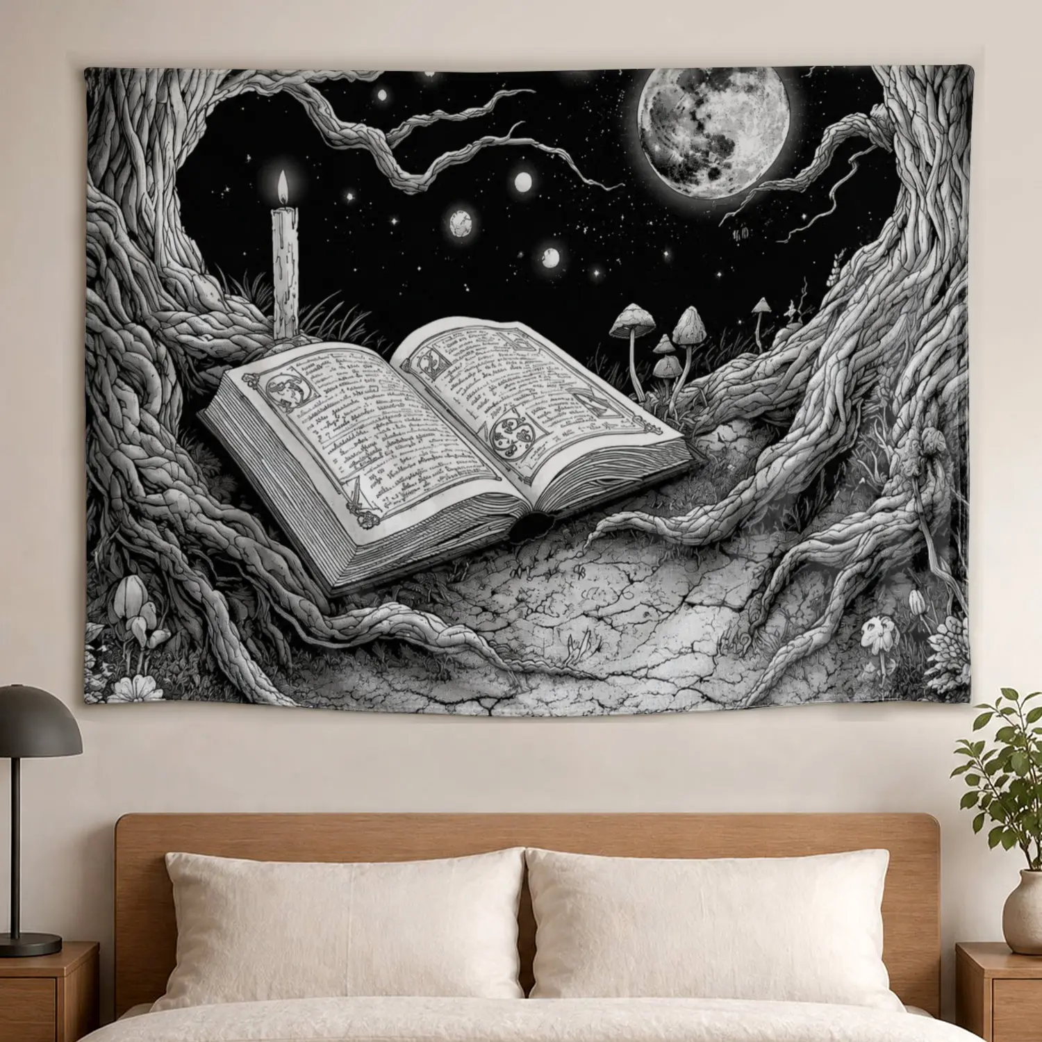 Large Print Magical Theme Wall Tapestry - Black and White Moonlit Forest Artwork, Polyester Home Decor, No-Installation Room Decor for Bedroom, Living Room, Gift for Family, Multi-Size