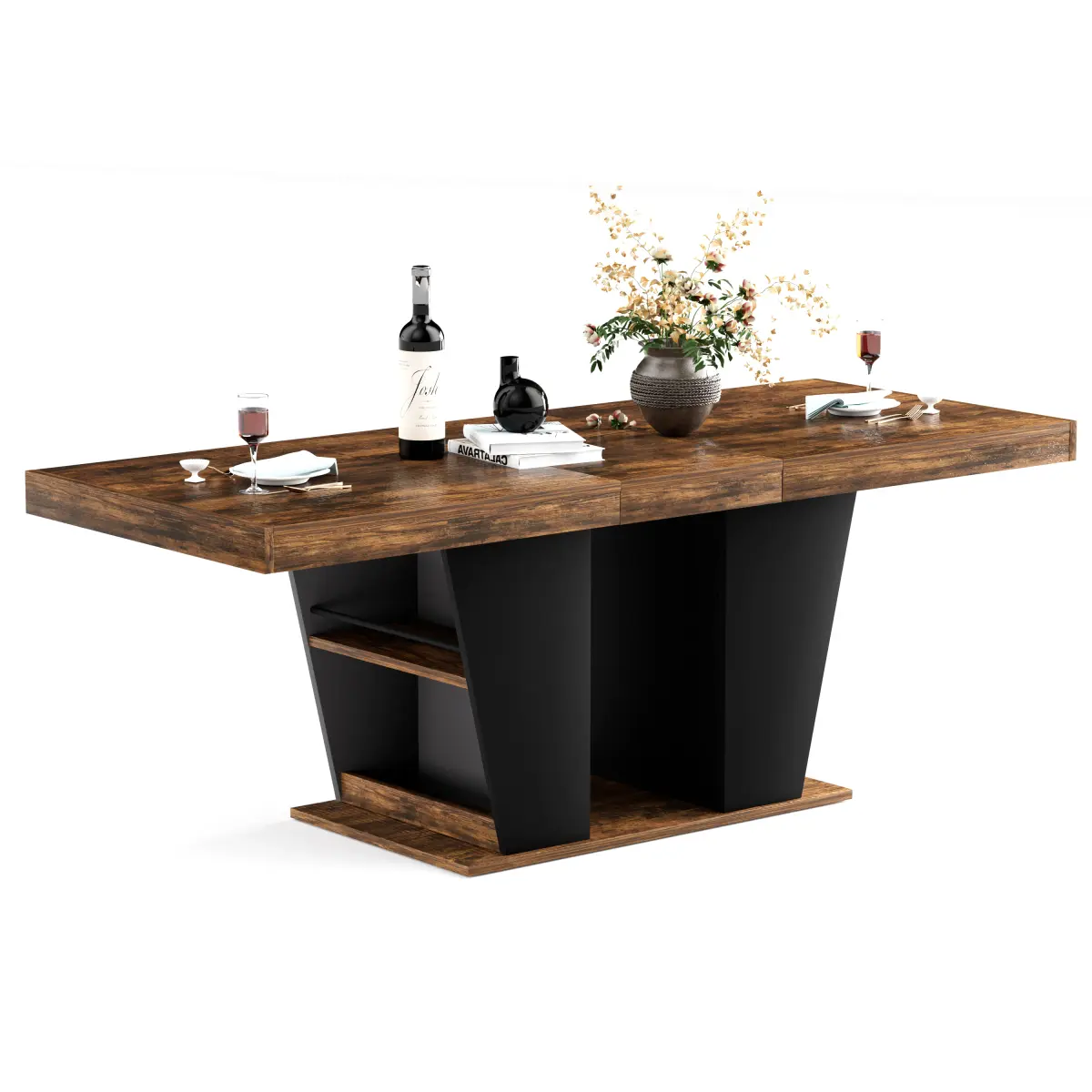 Vintage Brown Rectangular Engineered Wood Extendable Dining Table - Black Steel Tube Legs, 63"-78.7" Retractable Top, 500 LBS Heavy Duty, Side Storage Shelves, Easy Setup, Industrial Chic for Kitchen/Apartment (Seats 8-10 People)