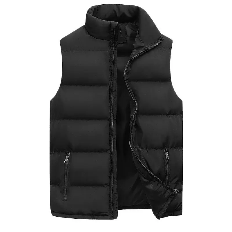 Mens Sleeveless Warm Cotton Vest Full Zipper Stand Collar Cotton Jacket Loose Casual Cotton Robe Style Lightweight Windproof Outerwear Versatile Basic Layering Polo Match Thermal Cotton Vest