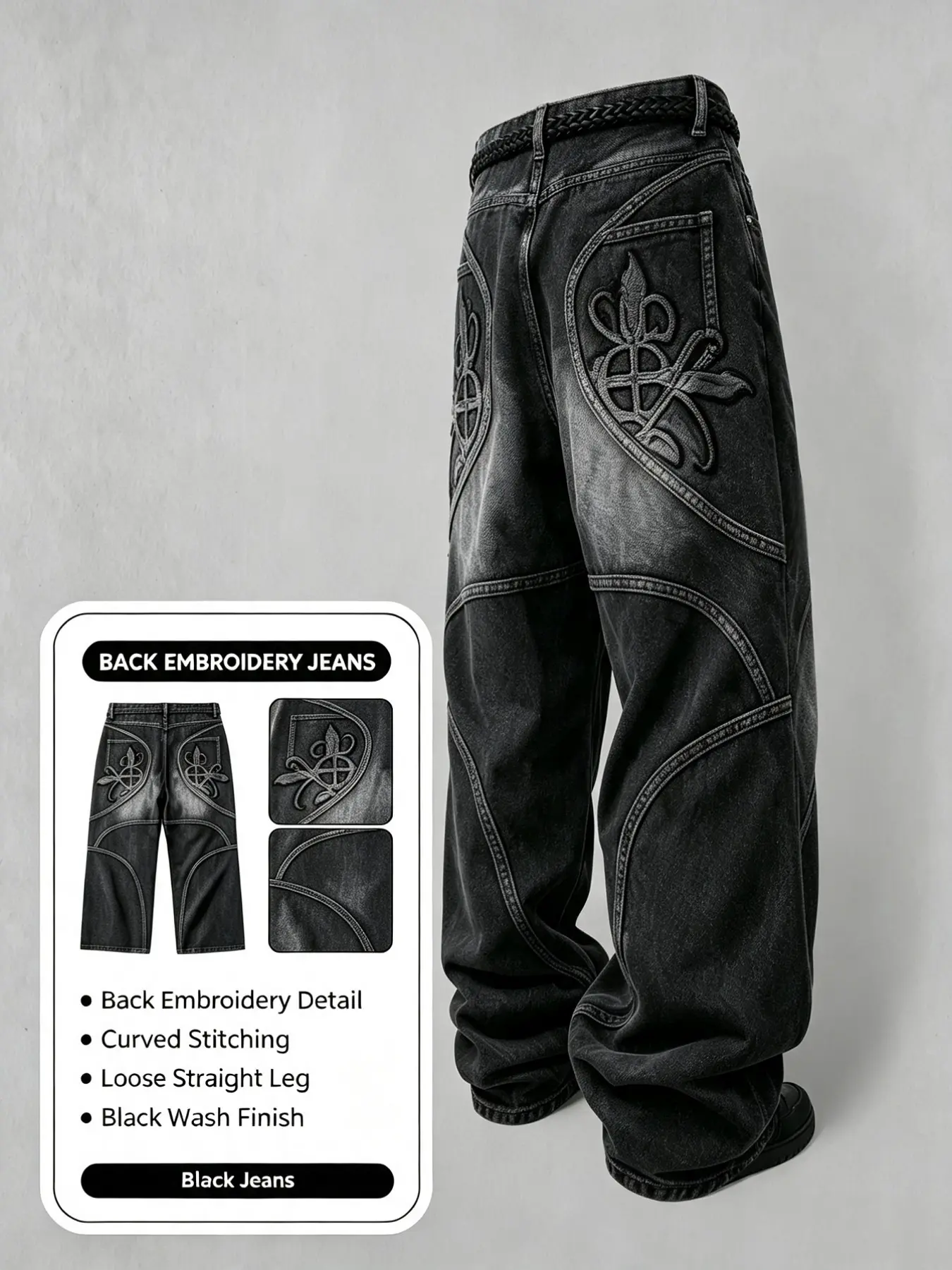 Men's Denim Long Pants, Street Skateboarding Style Streetwear, 3D Embossed Patchwork, Four-Season Loose Wide-Leg, Vintage Washed Embroidered Jeans
