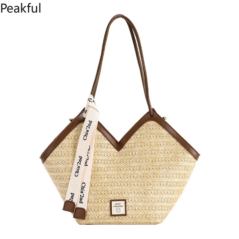Women’s tote bags | Viral large-capacity woven straw shoulder bag with ribbon detail | Niche lightweight beach tote with PU trim | Breathable woven texture, spacious interior, perfect for summer beach trips, weekend vacations and casual outings