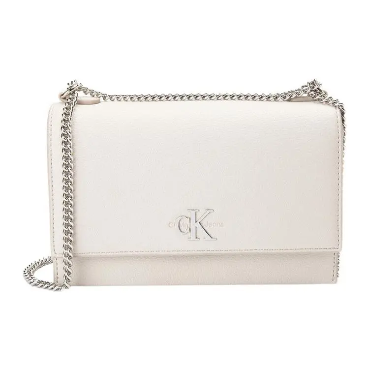 Calvin Klein Minimalist Metal-Clasp Chain-Strap Pebbled Leather Crossbody Bag for Women, Beige