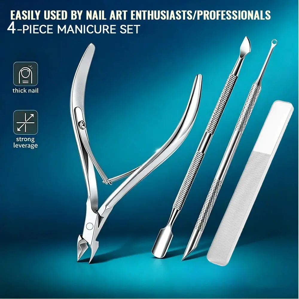 4pcs Stainless Steel Cuticle Remover Set, Dead Skin Trimmer, Nail Pusher Stick, and Cuticle Scissors, Portable and Durable Manicure Pedicure Tools, Round-Tip Angled Pusher, Sharp Spring-Loaded Cuticle Scissors, Home Salon Nail Care Kit