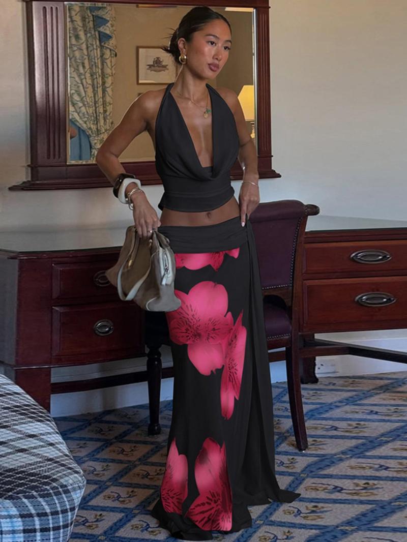 Women's Backless Halter Top & Floral Print Skirt Two-piece Set, Sleeveless Top & Skirt Set, Ladies Summer Clothes Beach Outfits Set for Beach Holiday Vacation