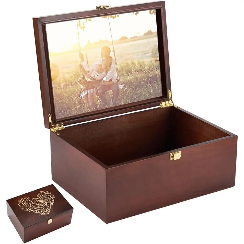 Larger Wooden Memory  Box with Hinged Lid & 8x10 Photo Frame Inside Lid – Decorative Storage Box With a Hinge  for Pictures, Letters & Time Capsule – Wooden  Box, 5.3” x 8.6” x 11.7”