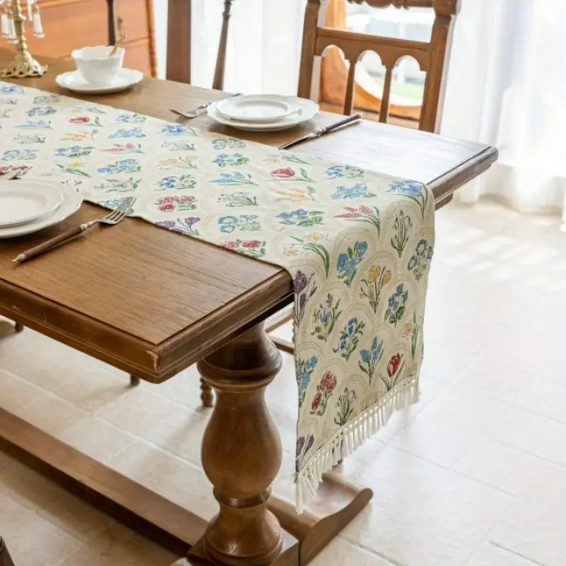 1PC Vintage Polyester Table Runner For Kitchen Sideboard, Beige Base With Colorful Floral & Fan Line Pattern, White Tassel Edge Elegant Table Scarf, Multi-Style Kitchen Table Linen Decor, Household Dining Tabletop Textile Ornament