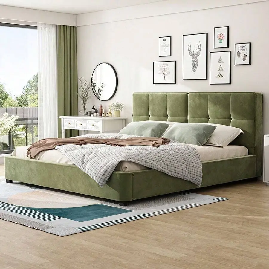 Modern Velvet Upholstered Platform Bed Frame with Tufted Square Headboard, Sturdy Wooden Slatted Base, Sturdy & No Box Needed, 40-Minute Assembly Required, Easy Setup