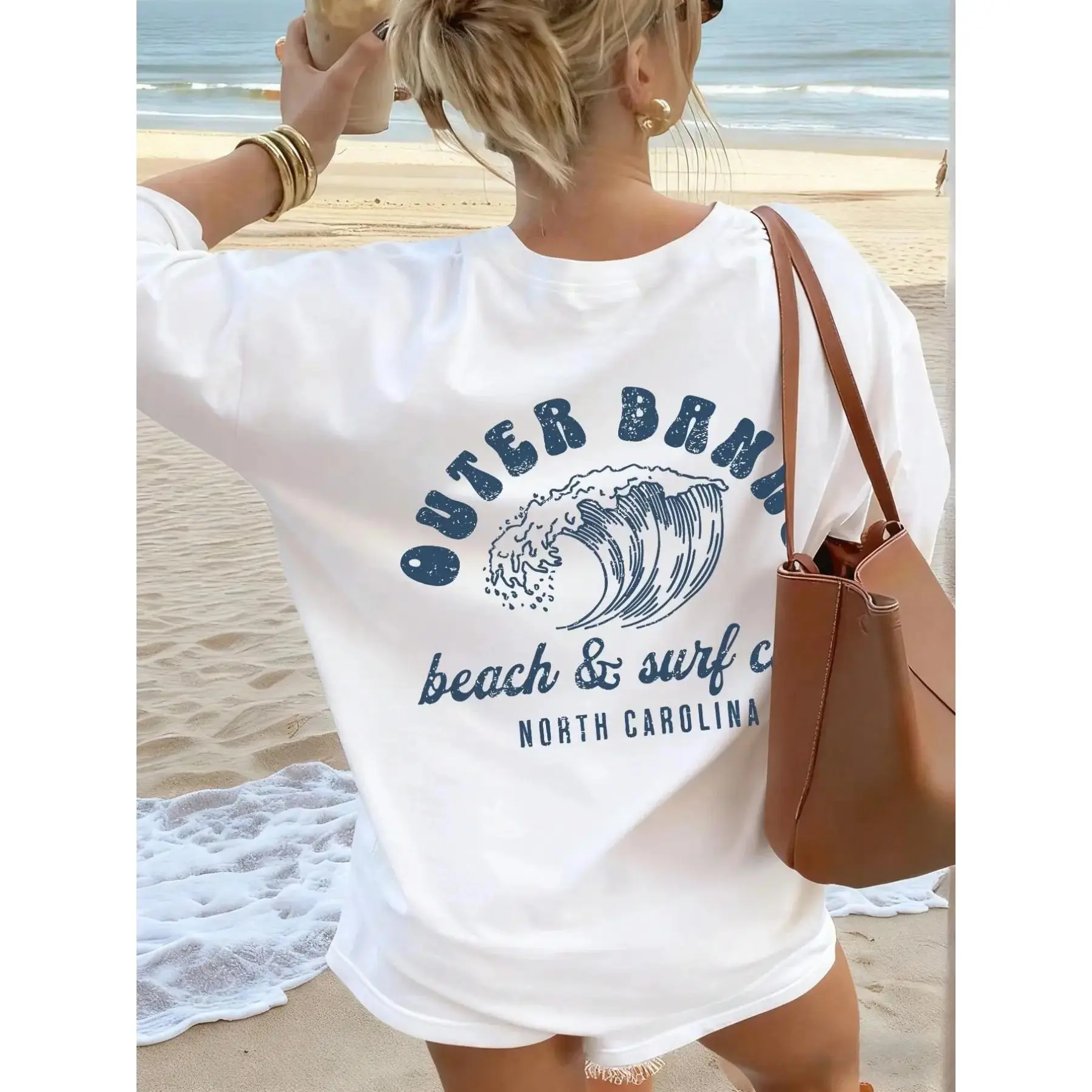 Women's Outer Banks Graphic Tee, Oversized Casual Drop Shoulder Short Sleeve T-Shirt, Polyester Summer Beach Top, Oversized Tshirt Women, T Shirts Women, Beach Casual