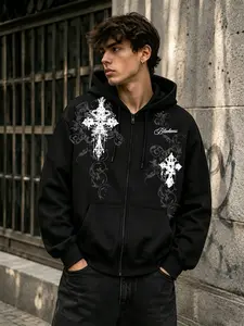 Double Gothic Cross Vine Floral Letter Print Zipper Hoodie, Loose Fit Asymmetrical Street Style Unisex Sweatshirt, Fall & Winter Clothing