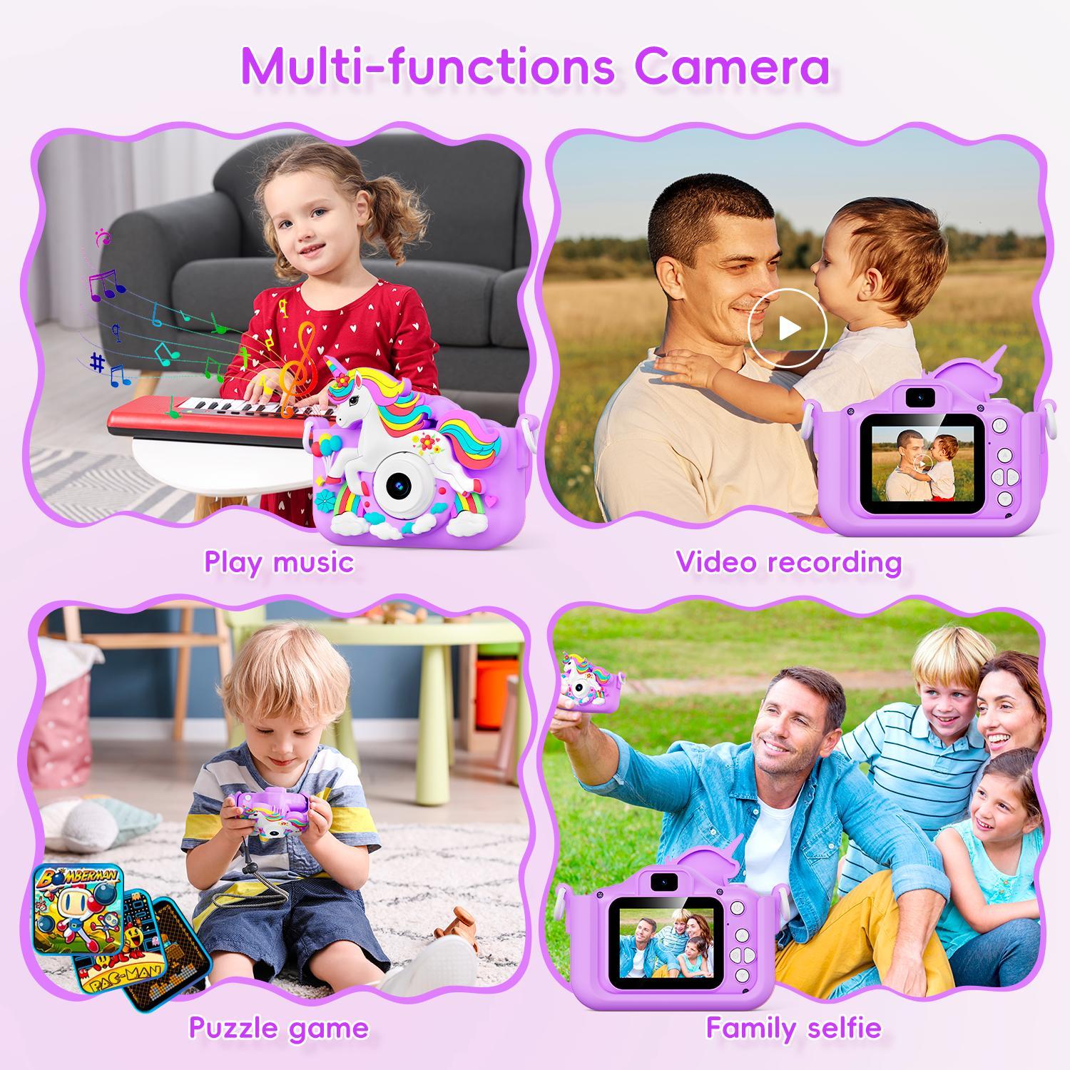 Multifunctional Camera with 5 Puzzle Games, Cute Unicorn Silicone Case, 1080P HD Lens, Home Selfie Photos, Video Recording, Birthday Gift