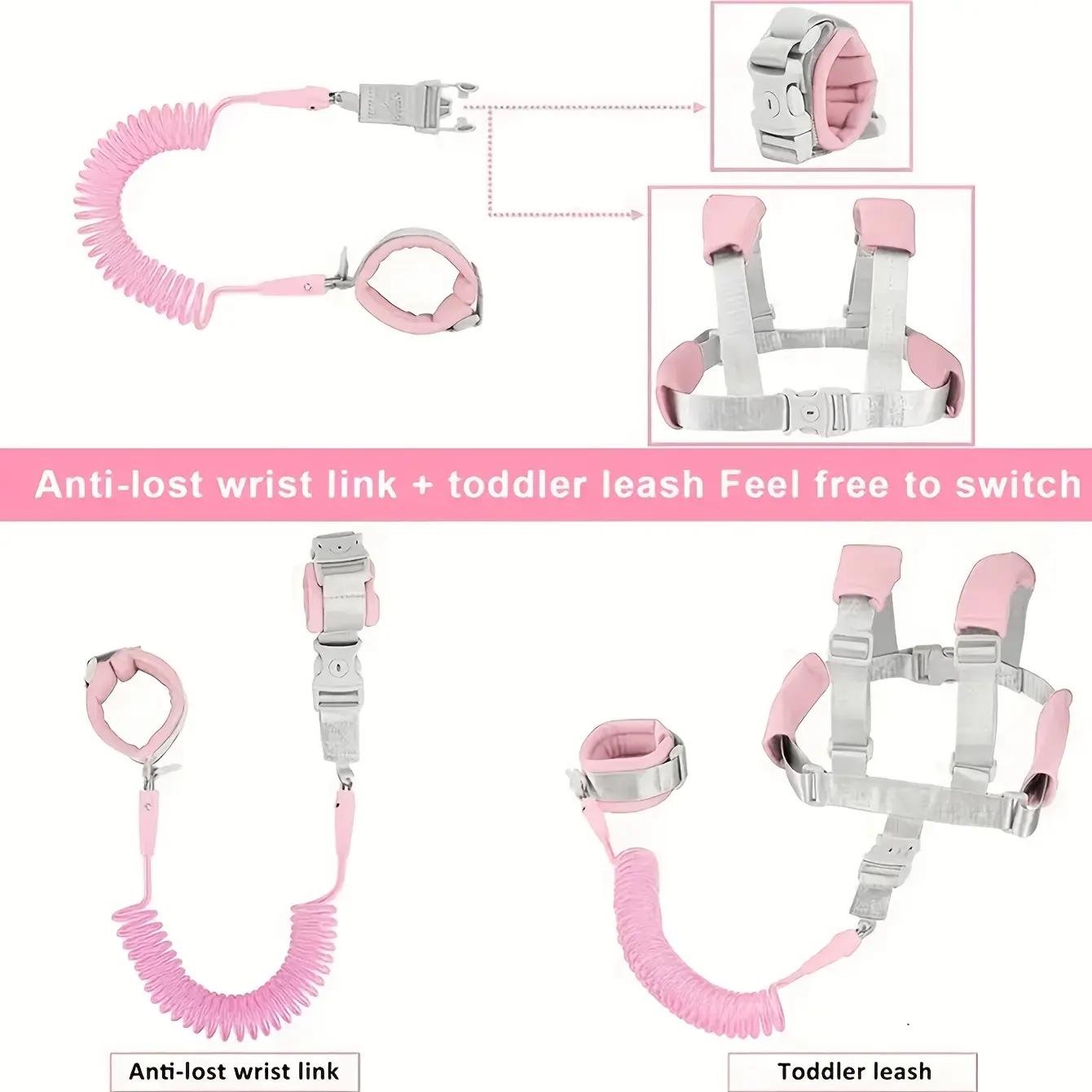 Multifunctional Dual-Use Children Anti-Wandering Safety Leash; Retractable Spring Rope Harness with Wristband; Key Lock Children Safety Anti-Loss Tether Wristband