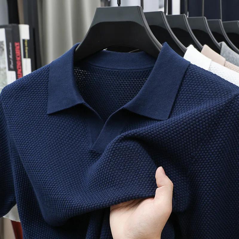 Kyn Apparel New Summer Seagull Collar Pineapple Knit Short Sleeve T-Shirt, Fashion Men's V-Neck Polo Shirt