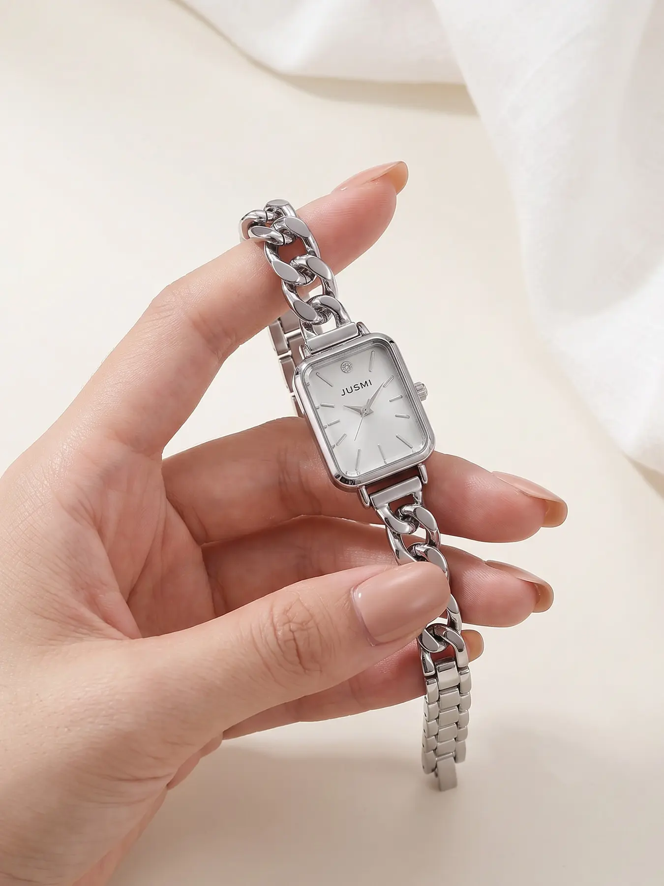 Silver Color Cuban Chain Watch, Minimalist Square Dial, Elegant Analog Quartz Watch for Office Women, Daily Commute Accessory, Square Wristwatch