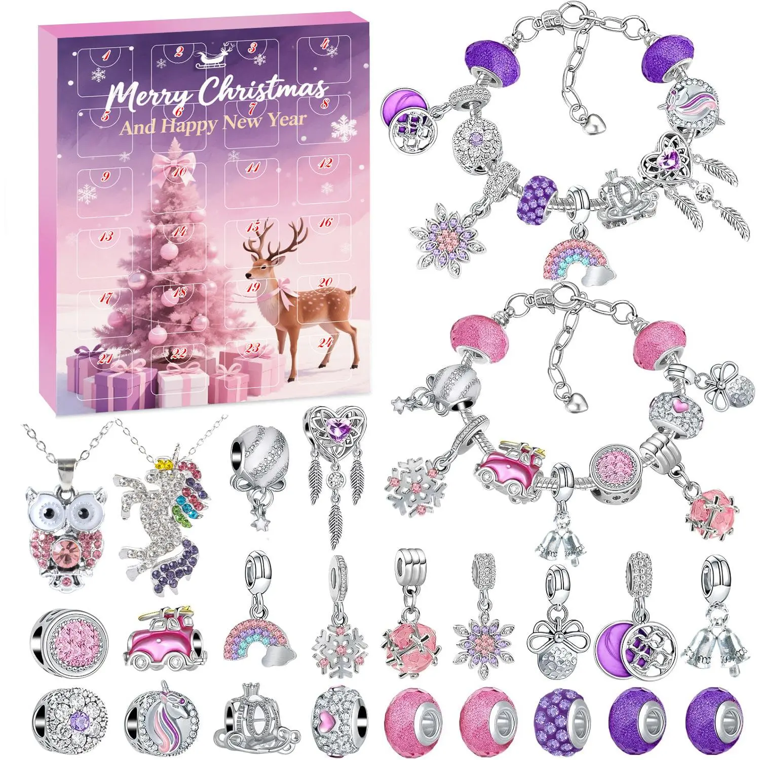 Christmas Advent Calendar Jewelry Gift Set, 24 Days DIY Bracelet Making Kit, Crystal Charms Beads For Women Girls Xmas Surprise Blind Box
