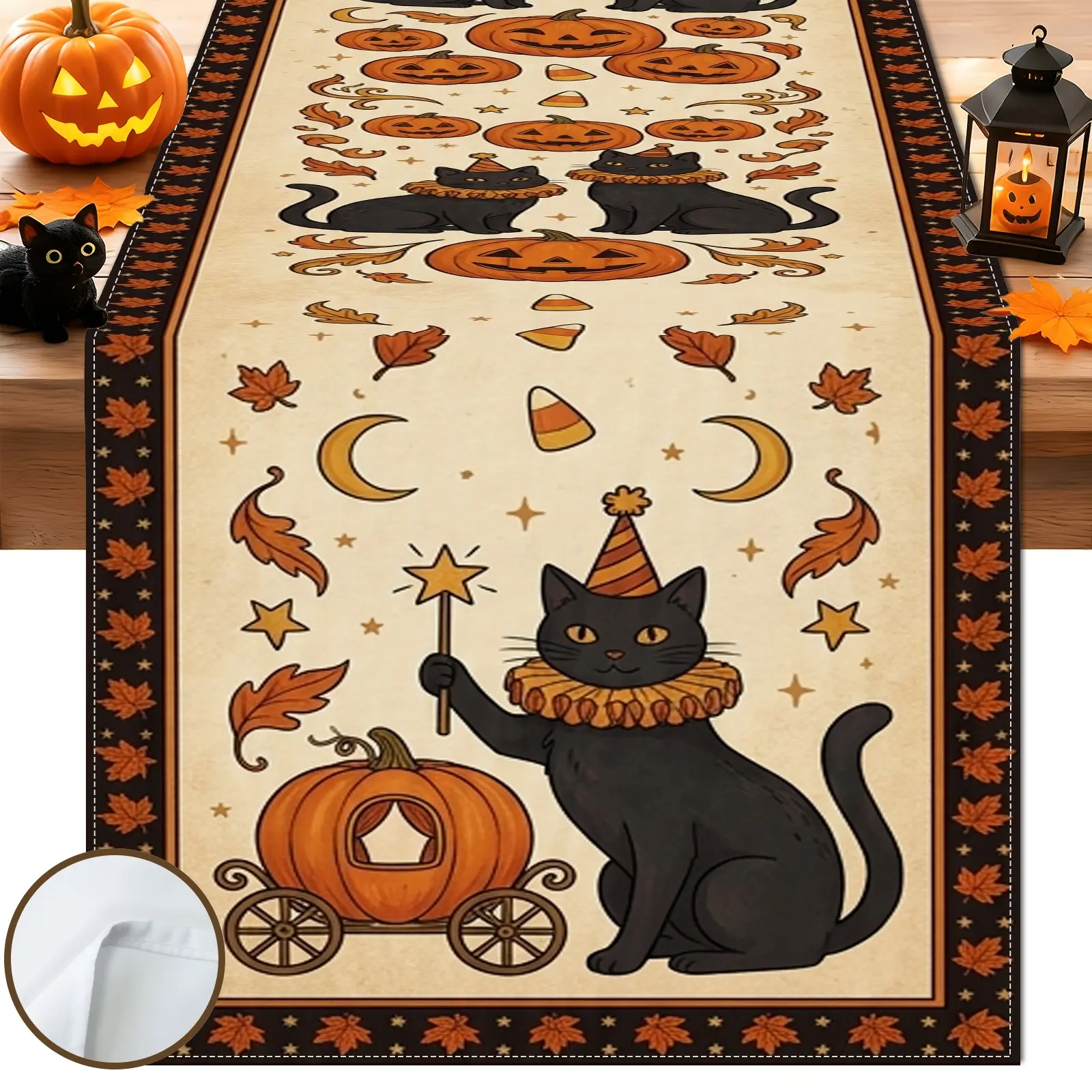1pc Black Cat Pumpkin Stars Table Runner, Halloween Style, Decorative Border Watercolor Style Print, for Dining Table Halloween Party Home Decor Seasonal Table Decor