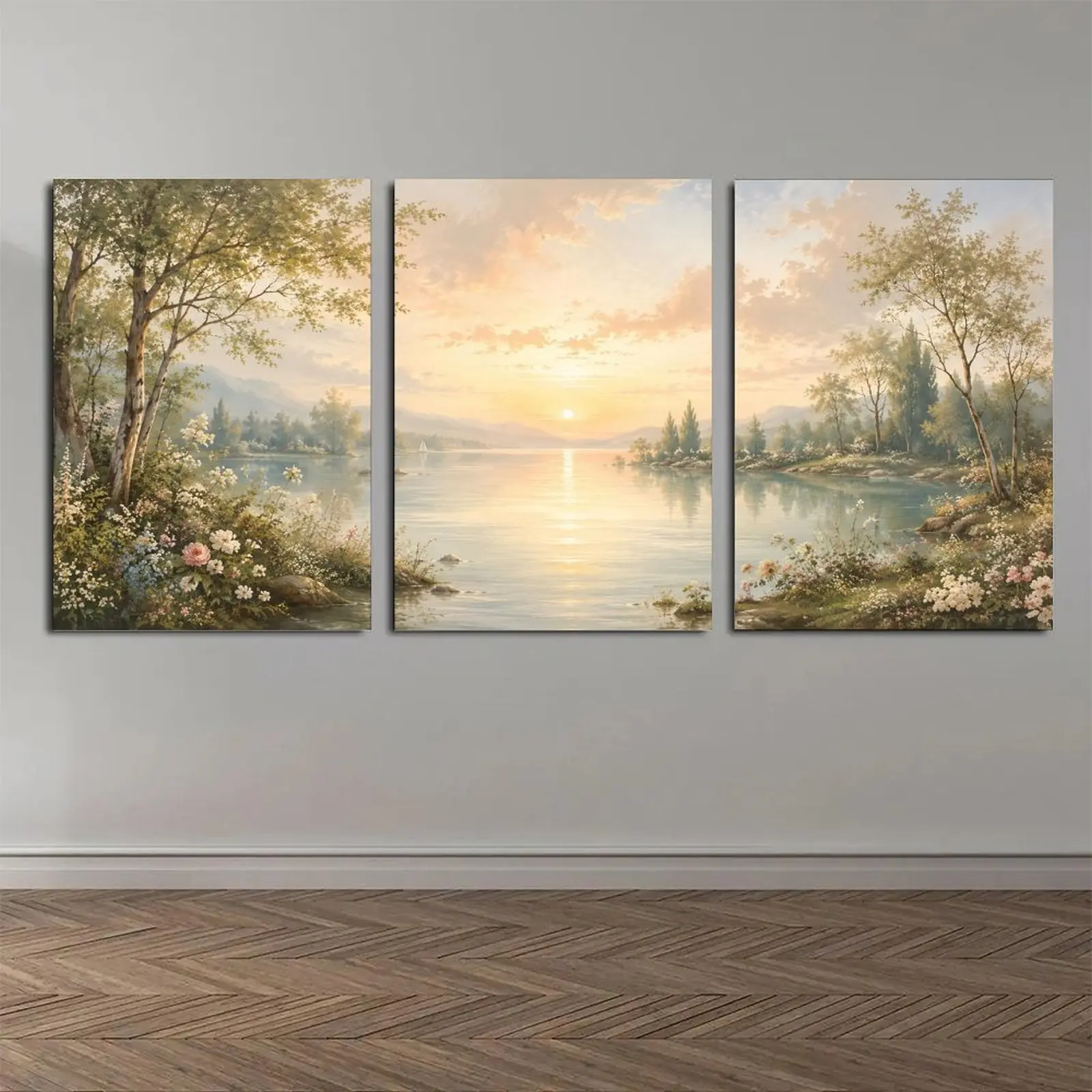 Serene Lake Sunrise Triptych Canvas Wall Art for Living Room Bedroom Office, Soft Pastel Landscape Nature Wall Decor, Available as Unframed Canvas Poster or Framed Canvas Wrap
