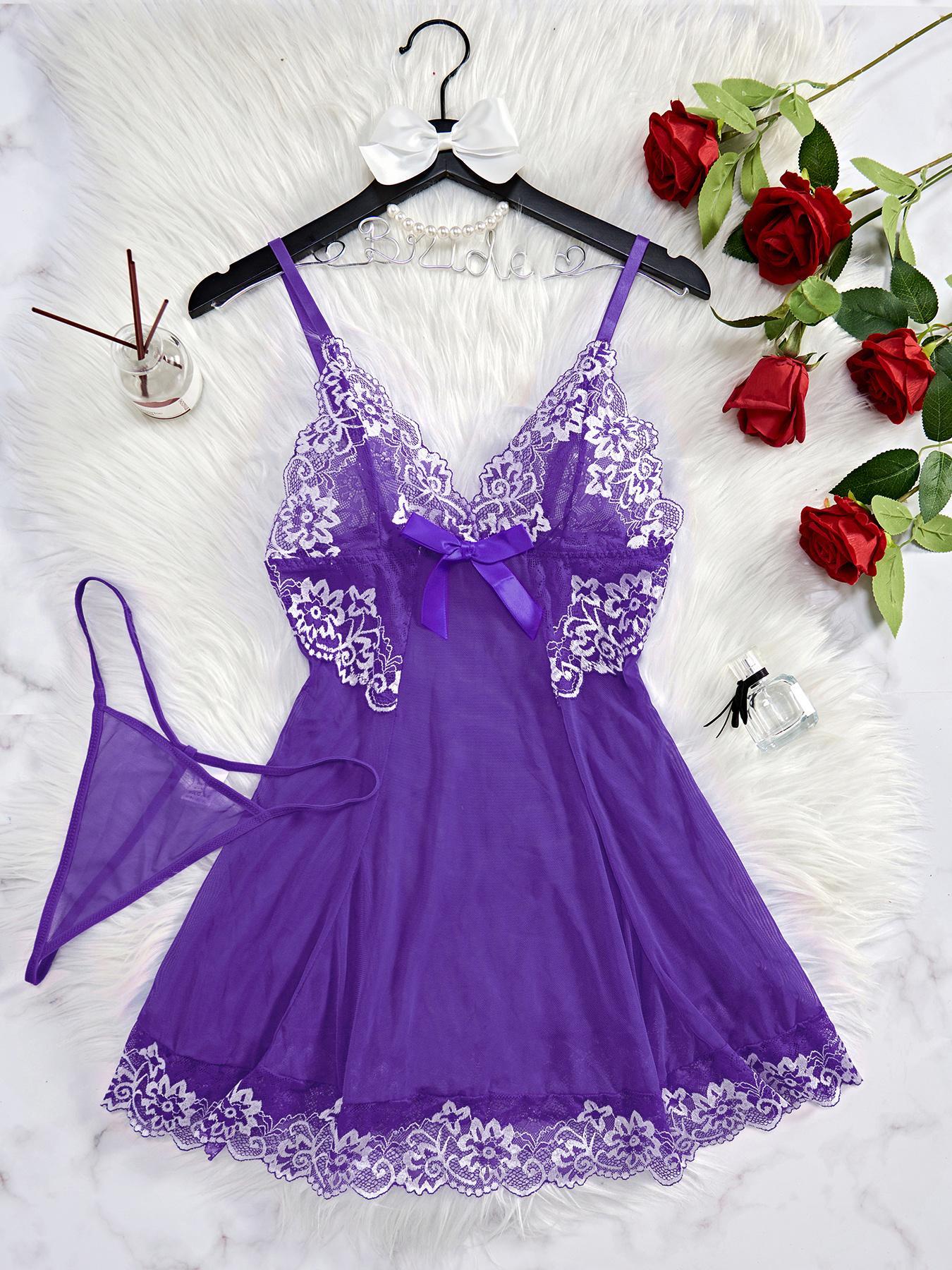 Women's Contrast Floral Lace Bow Front Sexy Costumes Set, Fashion Adjustable Strap Nightgown & Solid Thong, Ladies Summer Clothes for Daily Wear