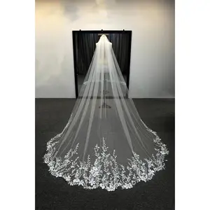 sparkling White Ivory Long Bridal Veils Wedding Veil Lace Appliques Soft Net Cathedral Veil velos de novia  voile de mariée