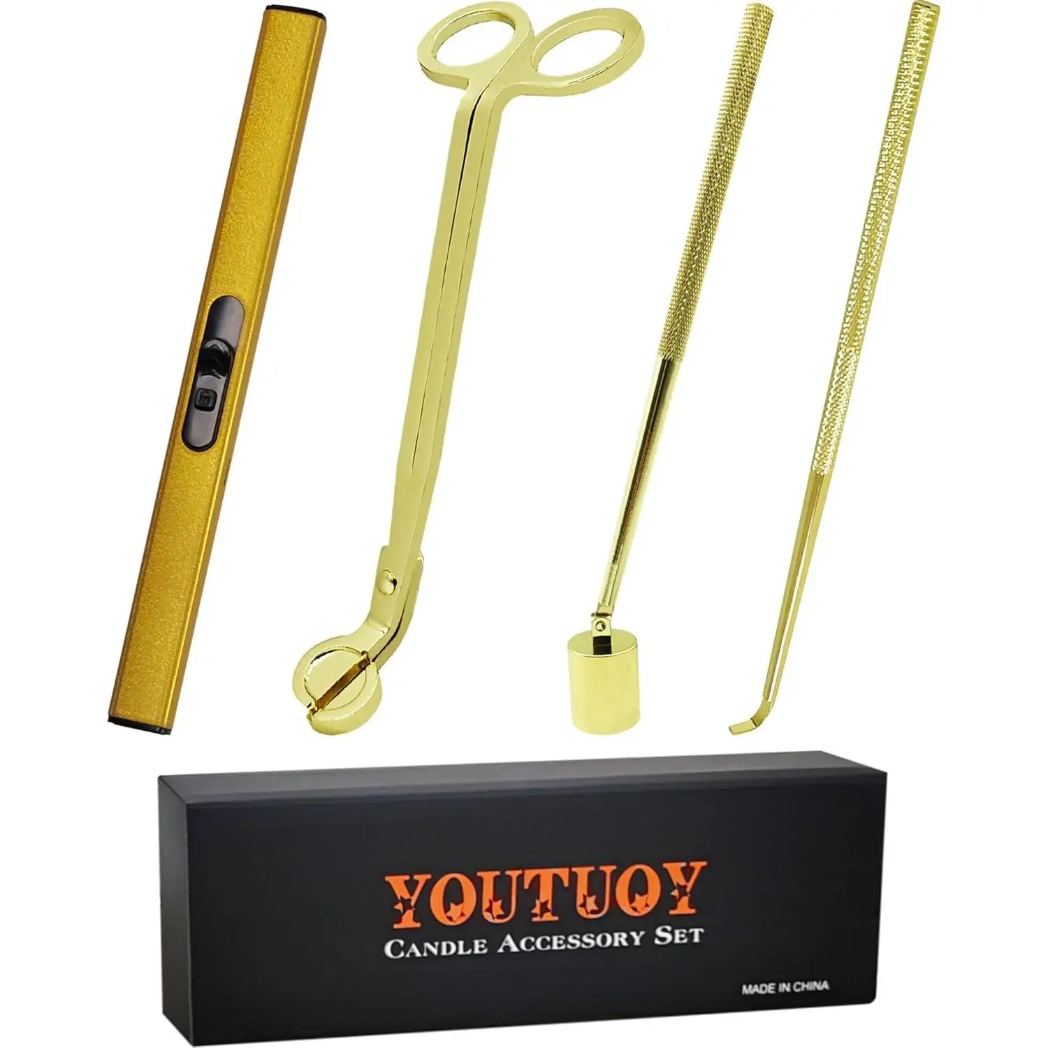 4 in1 Candle Accessory Set with Candle Lighter, Candle Wick Trimmer, Candle Wick Snuffer, Candle Wick Dipper, Candle Care Kit (Gold)